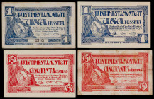 Montgat. 50 céntimos (dos) y 1 peseta (dos). (T. 1811b, 1812a, 1813 y 1814). 4 billetes, todos los de la localidad. Uno de 50 céntimos, nº 233. BC+/EB...