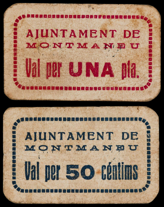 Montmaneu. 50 céntimos y 1 peseta. (T. 1815 y 1816). 2 cartones, todos los de la...