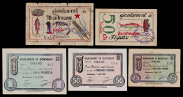 Montmany (Figaró). 25, 50 céntimos (dos) y 1 peseta (dos). (T. 1817, 1818, 1819b, 1820c y 1821). 5 billetes, todos los de la localidad. Una serie comp...
