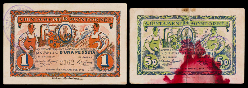 Montornès del Vallès. 50 céntimos y 1 peseta. (T. 1827 y 1828). 2 billetes, seri...