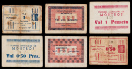 Mont-ros. 50 céntimos (tres) y 1 peseta (tres). (T. 1839a y 1840 a 1844). 6 billetes, todos los de la localidad. Cuatro con numeraciones muy bajas: 30...