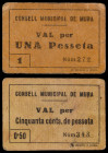 Mura. 50 céntimos y 1 peseta. (T. 1876a y 1877a). 2 cartones, todos los de la localidad. Nº 272 y 343. Muy raros. MBC-/MBC.