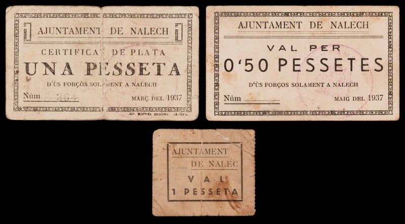 Nalec. 50 céntimos y 1 peseta (dos). (T. 1878 a 1880). 3 cartones, 1 serie compl...