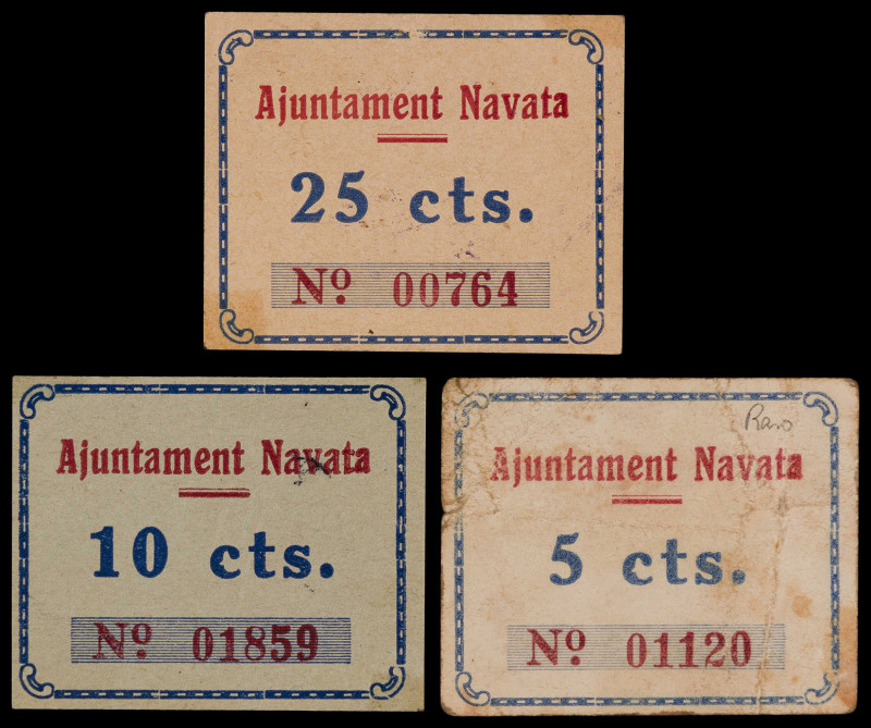 Navata. 5, 10 y 25 céntimos. (T. 1899 a 1901). 3 cartones. Raros. BC+/EBC+.