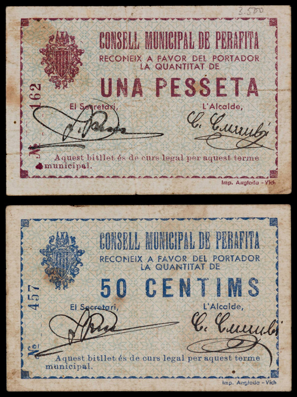 Perafita. 50 céntimos y 1 peseta. (T. 2087 var y 2088). 2 billetes, todos los de...