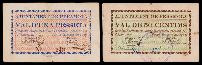 Peramola. 50 céntimos y 1 peseta. (T. 2092b y 2093b). 2 billetes, nº 243 y 273. ...