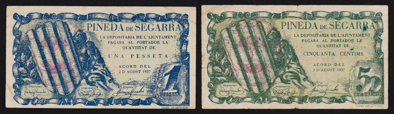 Pineda de Segarra. 50 céntimos y 1 peseta. (T. 2113 y 2114). 2 billetes, todos l...