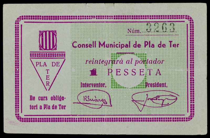 El Pla de Ter. 1 peseta. (T. 2148a). Único billete emitido por esta localidad. E...