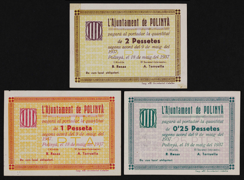 Polinyà. 25 céntimos, 1 y 2 pesetas. (T. 2234 a 2236). 3 billetes, todos los de ...