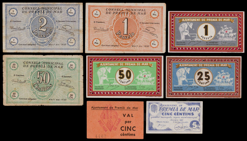 Premià de Mar. 5 (dos), 25, 50 céntimos (dos), 1 (dos) y 2 pesetas. (T. 2313, 23...