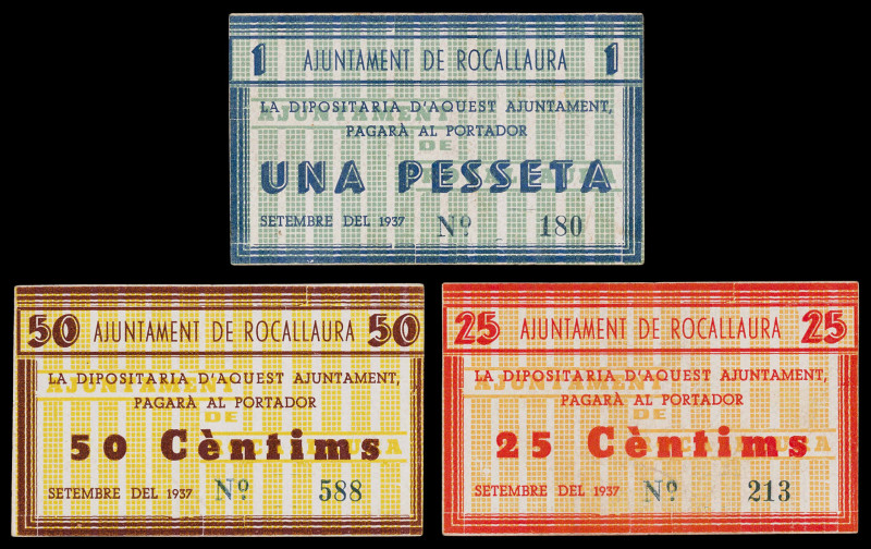 Rocallaura. 25, 50 céntimos y 1 peseta. (T. 2521 a 2523). 3 billetes, todos los ...