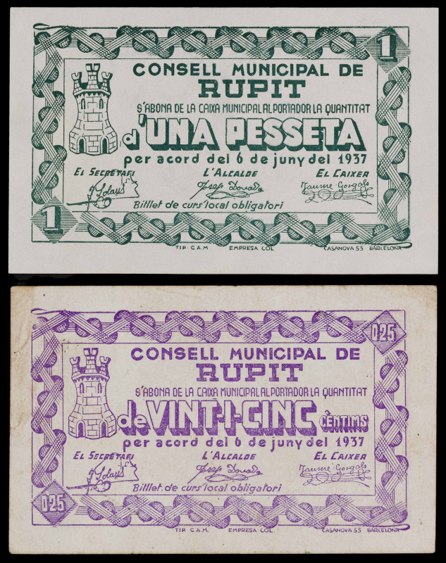 Rupit. 25 céntimos y 1 peseta. (T. 2571b y 2572a). 2 billetes, todos los de la l...