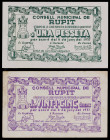 Rupit. 25 céntimos y 1 peseta. (T. 2571b y 2572a). 2 billetes, todos los de la localidad. El de 25 céntimos, nº 57. Escasos. MBC-/EBC+.