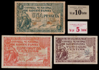 Sadurní d'Anoia. 5, 10, 25, 50 céntimos y 1 peseta. (T. 2581b, 2582b, 2583b, 2586 y 2587). 3 billetes y 2 cartones, éstos muy raros. 2 series completa...