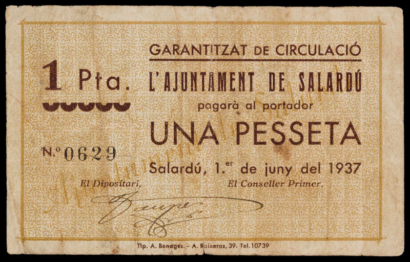 Salardú. 1 peseta. (T. 2588c). Único billete de la localidad. Muy raro. BC.