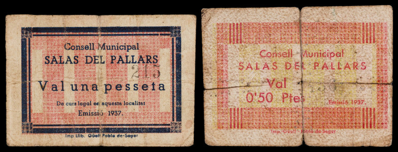 Salàs de Pallars. 50 céntimos y 1 peseta. (T. 2589 y 2590). 2 cartones, todos lo...