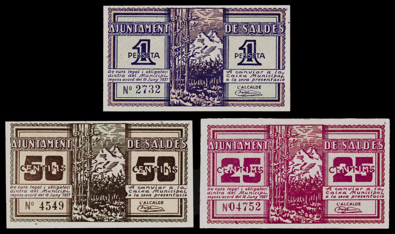 Saldes. 25, 50 céntimos y 1 peseta. (T. 2591a, 2592a y 2593a). 3 billetes, todos...
