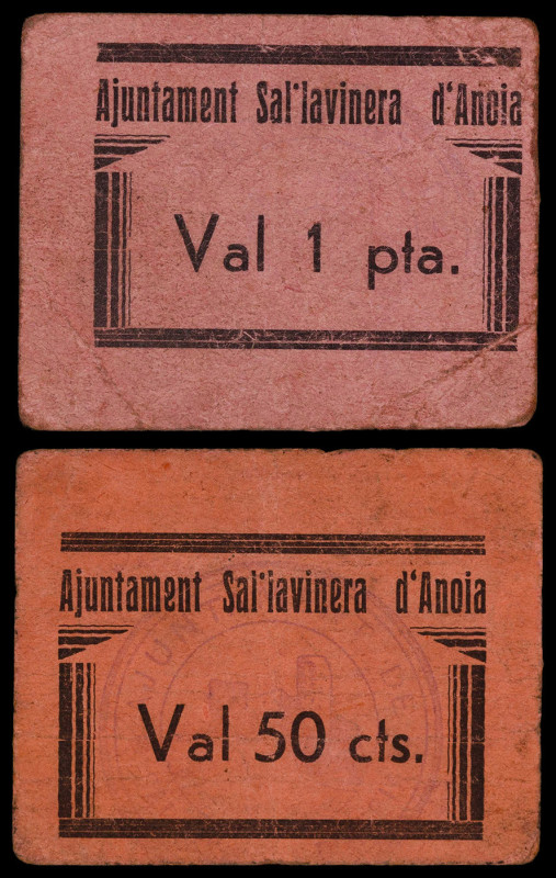 Sallavinera d'Anoia. 50 céntimos y 1 peseta. (T. 2594 y 2595). 2 cartones, todos...