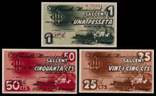 Sallent. 25, 50 céntimos y 1 peseta. (T. 2596 a 2598). 3 billetes, todos los de la localidad. MBC+/EBC+.
