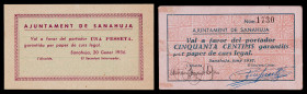 Sanaüja. 50 céntimos y 1 peseta. (T. 2609c var y 2610a). 2 cartones. Muy raros. MBC-/EBC.