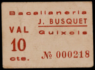 Sant Feliu de Guíxols. Bacallaneria J. Busquet. 10 céntimos. (AL. 2033) (RGH. 8189). Cartón, nº 000218. Escaso. MBC-.