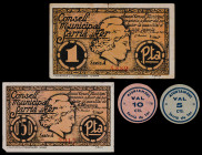 Sarrià de Ter. 5, 10, 50 céntimos y 1 peseta. (T. 2642, 2643, 2648 y 2649). 2 billetes y 2 cartones redondos. 2 series completas. Conjunto raro. BC+/E...