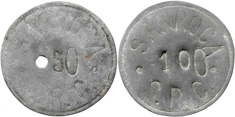 Sarroca de Segre. 50 céntimos y 1 peseta. (T. 2657a y 2658). 2 monedas. Muy rara...