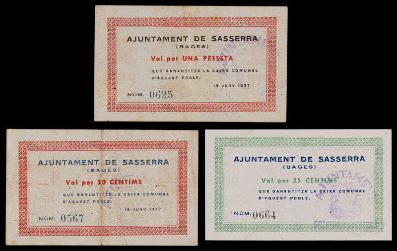 Sasserra de Bages. 25, 50 céntimos y 1 peseta. (T. 2664, 2665 y 2668a). 3 billet...
