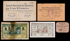 Sentmenat. 10, 25, 50 céntimos y 1 peseta (dos). (T. 2708c, 2709b, 2710, 2711cd y 2712bc). 4 billetes y un cartón, todos los de la localidad. La peset...