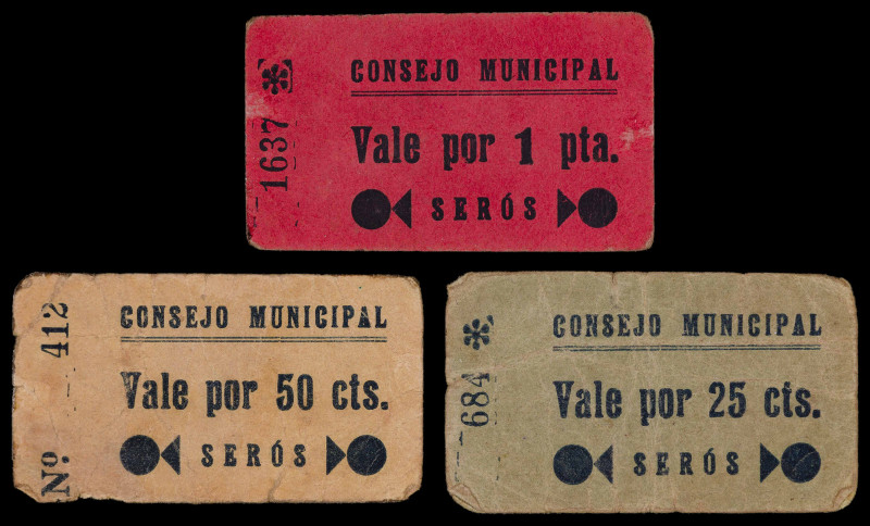 Serós. Consejo Municipal. 25, 50 céntimos y 1 peseta. (T. 2719a, 2720 y 2721a). ...