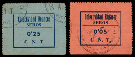 Serós. Colectividad Renacer C.N.T. 5 y 25 céntimos. (T. 2725 y 2727). 2 cartones. Escritos en castellano. Rarísimos. MBC/EBC.