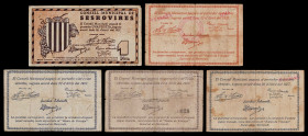 Sesrovires. 25, 50 céntimos (dos) y 1 peseta (dos). (T. 2745e, 2746, 2746c, 2747a y 2748a). 5 billetes, todos los de la localidad. Los 25 céntimos, nº...