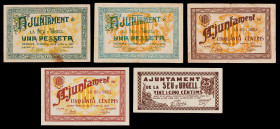 La Seu d'Urgell. 25, 50 céntimos (dos) y 1 peseta (dos). (T. 2749a, 2750 a 2752 y 2753a). 5 billetes, todos los del Ajuntament. MBC-/EBC.