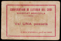 La Seu d'Urgell. Cooperativa de Lleteria del Cadí. Sindicat Agrícola. 1 peseta. (AL. falta) (RGH. 10002). Cartón. Raro. BC+.