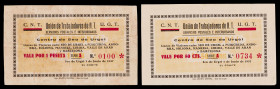 La Seu d'Urgell. Unión de Trabajadores de A.T. Servicios Postales e Interurbanos C.N.T. - U.G.T. 50 céntimos y 1 peseta. (AL. 3633) (RGH. 10005 y 1000...