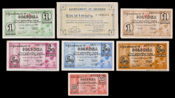 Solsona. 25, 50 céntimos (tres) y 1 peseta (tres). (T. 2777 a 2783). 7 billetes, todos los de la localidad. BC+/EBC.