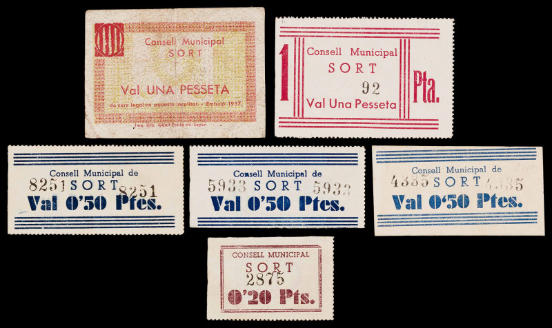 Sort. 20, 50 céntimos (tres) y 1 peseta (dos). (T. 2784, 2785a, 2786b, 2787, 278...