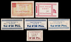 Sort. 20, 50 céntimos (tres) y 1 peseta (dos). (T. 2784, 2785a, 2786b, 2787, 2787b y 2789). 6 cartones. La segunda peseta, nº 92. Conjunto raro. BC+/E...