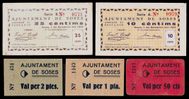 Soses. 10, 25, 50 céntimos 1 y 2 pesetas. (T. 2790 a 2794). 2 billetes y 3 cartones, todos los del Ajuntament. El de 2 pesetas, nº 451. Muy raros y má...