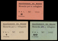 Soses. Moneda per a refugiats. 50 céntimos, 1 y 2 pesetas. (T. falta) (T. Edición 2007 nº 2405 a 2407). 3 billetes, serie completa. Raros. MBC-/MBC+....