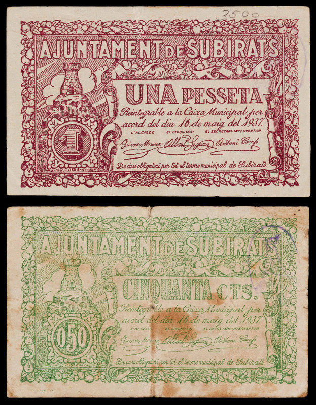 Subirats. 50 céntimos y 1 peseta. (T. 2798 y 2799). 2 billetes, todos los de la ...