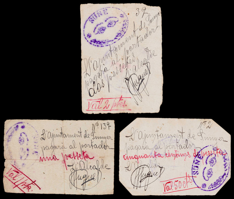 Sunyer. 50 céntimos, 1 y 2 pesetas. (T. 2803a, 2804a y 2805a). 3 billetes manusc...