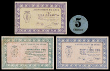 Súria. 5, 25, 50 céntimos y 1 peseta. (T. 2807 a 2809 y 2812). 3 billetes y un cartón redondo. Conjunto escaso. MBC-/EBC.