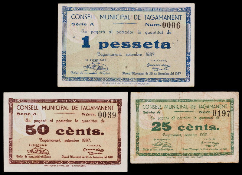 Tagamanent. 25, 50 céntimos y 1 peseta. (T. 2816 a 2818). 3 billetes, todos los ...