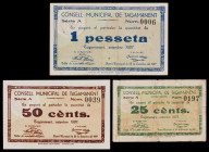 Tagamanent. 25, 50 céntimos y 1 peseta. (T. 2816 a 2818). 3 billetes, todos los de la localidad. El de 1 peseta, nº 0006, los 50 céntimos, nº 0039 y l...