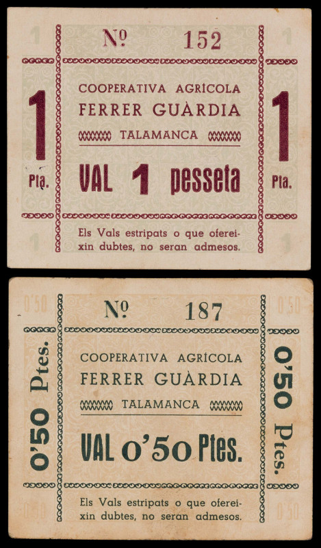 Talamanca. Cooperativa Agrícola Ferrer Guardia. 50 céntimos y 1 peseta. (T. 2820...