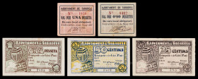 Taradell. 25, 50 céntimos (dos) y 1 peseta (dos). (T. 2822 a 2825 y 2826b). 2 cartones y 3 billetes, todos los de la localidad. Los 25 céntimos, nº 18...