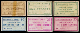 Tàrrega. 25 (dos), 50 céntimos, 1 (dos) y 2 pesetas. (T. 2831, 2832b, 2833a, 2834d, 2835d y 2836a). 6 billetes, todos los del Ajuntament. Uno de 1 pes...