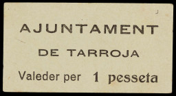 Tarroja. 1 peseta. (T. 2837a). Cartón. Extraordinariamente raro, uno de los pocos billetes que no figuraba en la Colección Marti Cot. EBC.