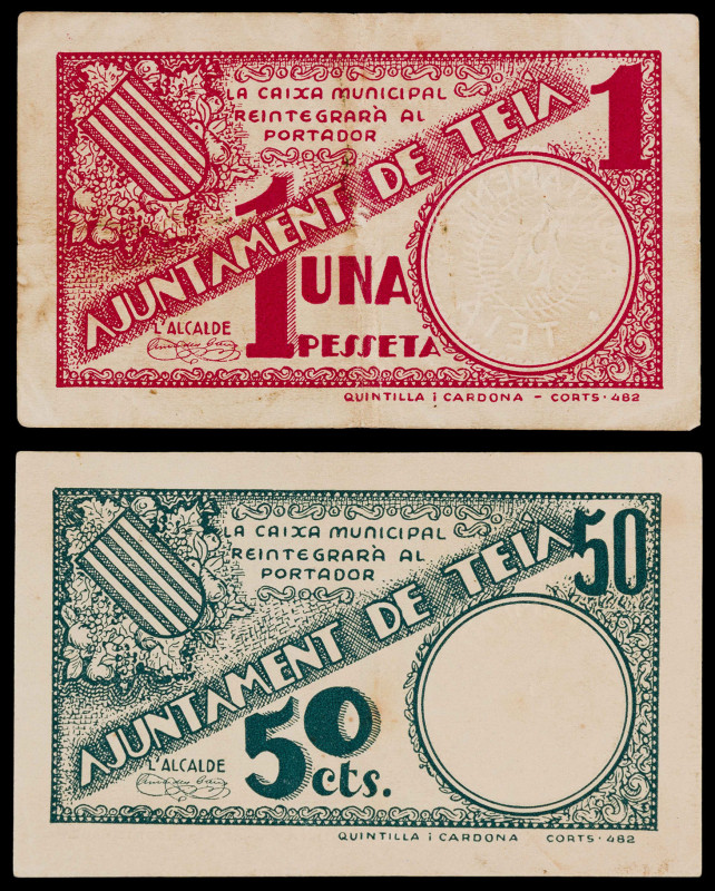 Teià. 50 céntimos y 1 peseta. (T. 2840 y 2841). 2 billetes, todos los de la loca...